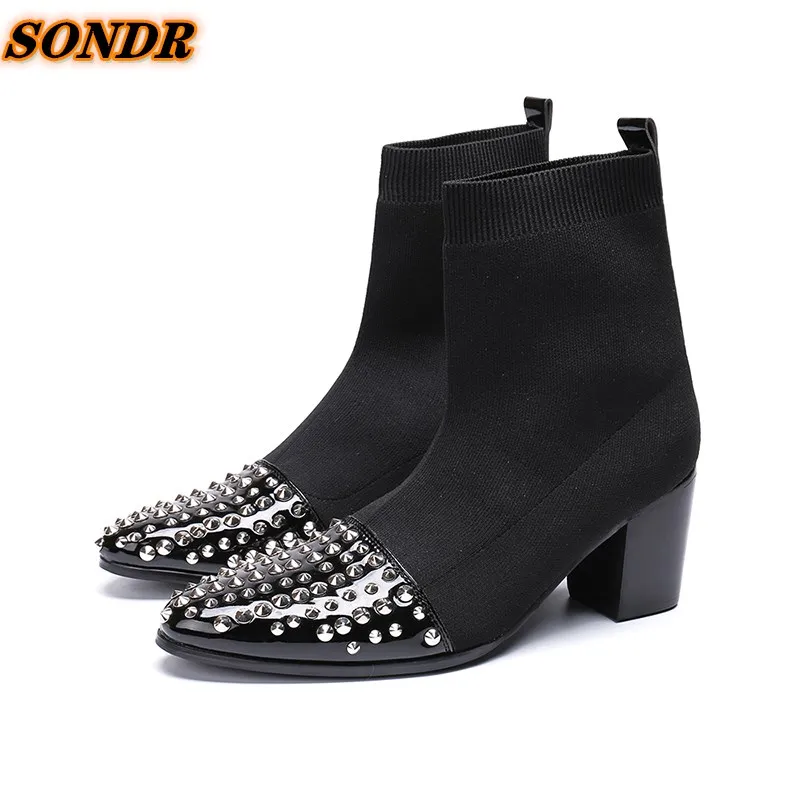 

Fashion Luxury High Heels Men Boots Genuine Leather Ankle Boots Suede Italian Business Dress Rivets Pointed Toe Cowboy Boots