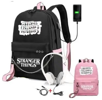 

New Stranger Things Canvas Backpack USB Charge Women Student Backpack Letters Print School Bag Teenager Girls Ribbons Backpack