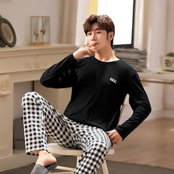 

Plus Size L-4XL full cotton pyjamas men pijamas para hombre long-sleeve casual sleepwear men homewear pajamas set for male
