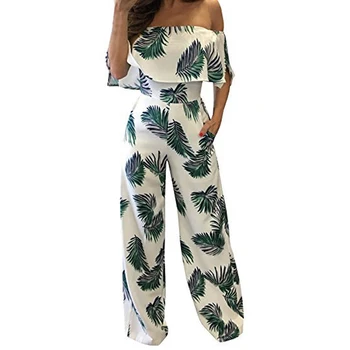 

Elegant Sexy Off Shoulder Jumpsuits Women Leaves Printed Loose Trousers Wide Leg Pants Rompers Holiday Belted Leotard Overalls