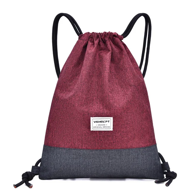 wine red Women Men Drawstring Bags Women Canvas Backpack Beach Bag Outdoor Fitness Sport Bag Bundle Pocket Travel Softback Women Mochila - Color: wine red