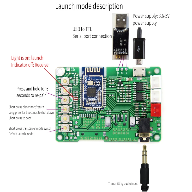 

V5.0 Stereo Transmission BK3266 Module Bluetooth Power Amplifier Board Receiving and Sending One AT Renamed Button Switch