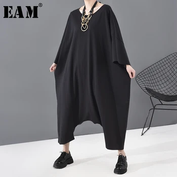

[EAM] Loose Fit Women Black Oversized Long Jumpsuit New High Waist Pocket Stitch Pants Fashion Tide Spring Autumn 2020 JU79301