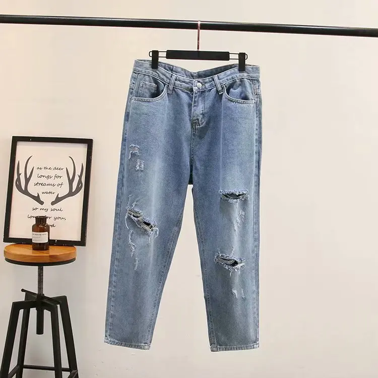 

Plus Size Casual Jeans 2019 Autumn Women Fashion Loose holes denim Ankle-Length Pants T55-1876