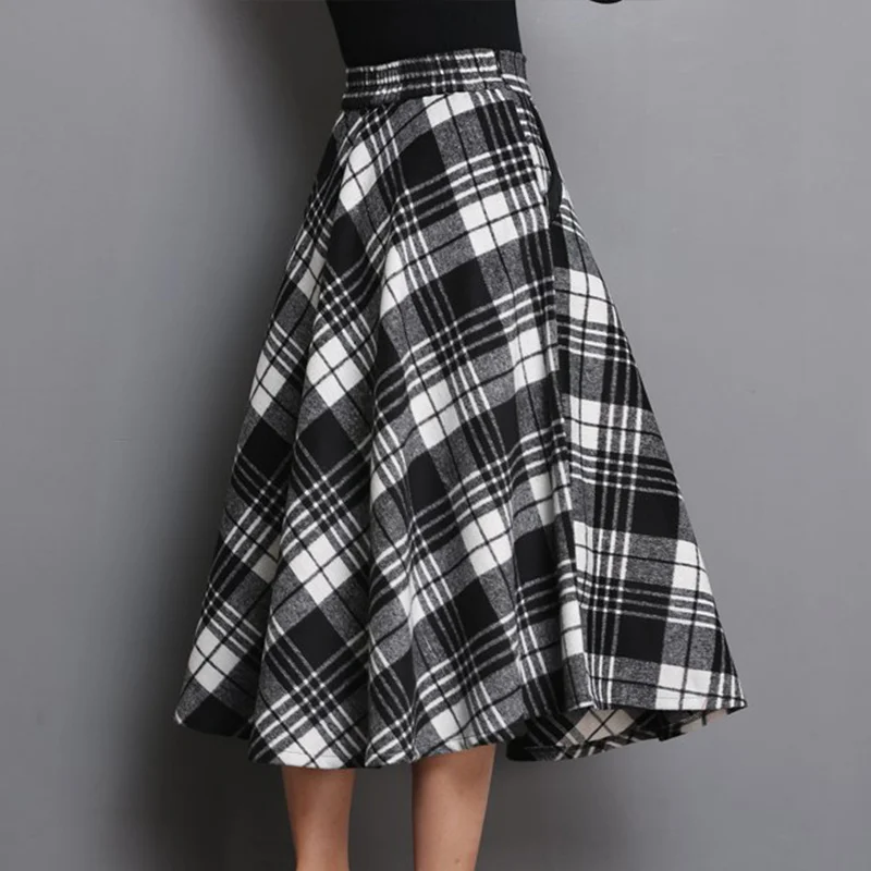 Black white High Waist A Line Women Long Skirt Plus Size 4XL England Plaid Woolen Ladies Skirts Woolen Pleated Tartan Female Bottom - Цвет: Black white