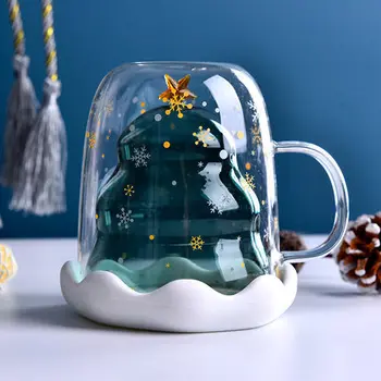 

300ml Christmas Tree Cup Double Wall Glass Cup with Silicon Lid Tea Glass Juice Espresso Coffee Cup Christmas Gift Wine Glass