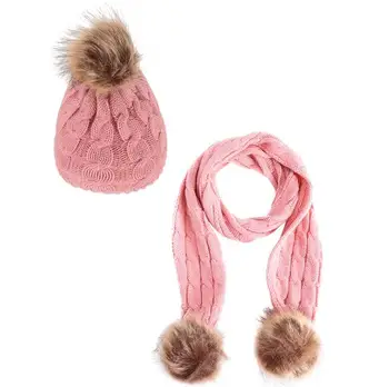

New Fashion Children's Knit Beanie Hat Scarf 2 Pieces Set Winter Warm Boy Girl Raccoon Fur Pom poms Soft Cap Scarves Kids Baby