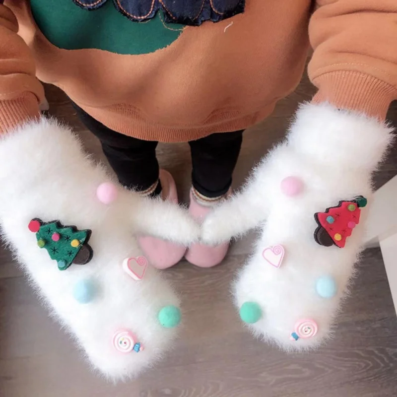 6 цветов, перчатки для маленьких девочек, От 1 до 7 лет зимние повседневные теплые перчатки с кроличьим мехом для малышей с милым рисунком, детские варежки с длинными пальцами