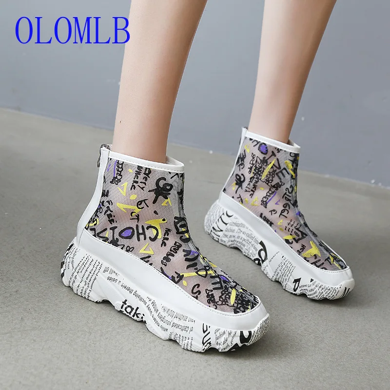 

OLOMLB High-top Breathable Sneakers Women Casual Shoes Summer Lace Vamp Graffiti Wave Sole Platform Sneaker Chunky Trainers