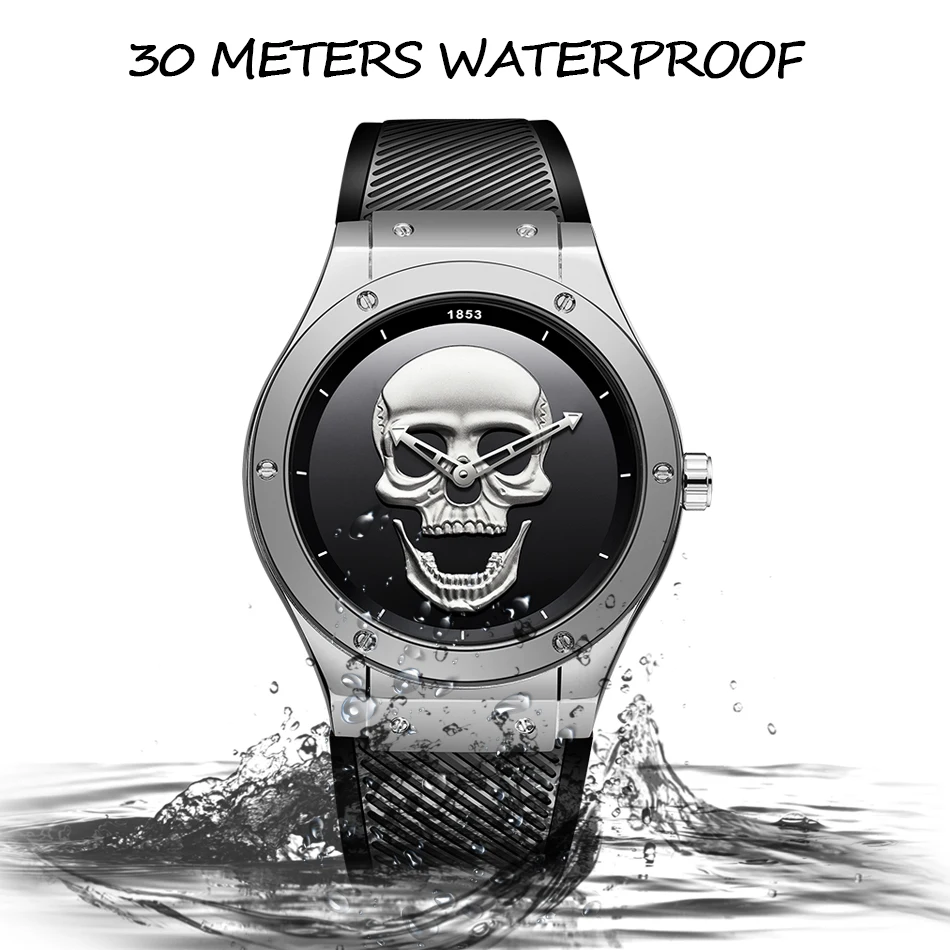 LIGE Mens Watches New Skull Watch Men's Military Sports Watch Men Waterproof Stainless Steel Gold Q