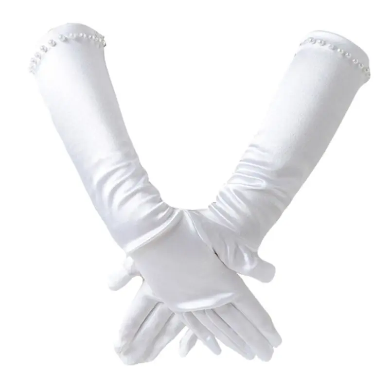Flower Girls Wedding Elbow Long Gloves Faux Pearl Beading Full Finger Mittens