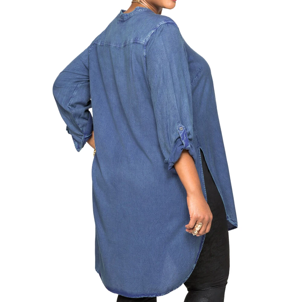 5XL размера плюс, женская блузка, весенняя, с разрезом, Длинные рубашки, для девушек, повседневная, на пуговицах, джинсовые блузки, топы с длинным рукавом, roupa feminina D30