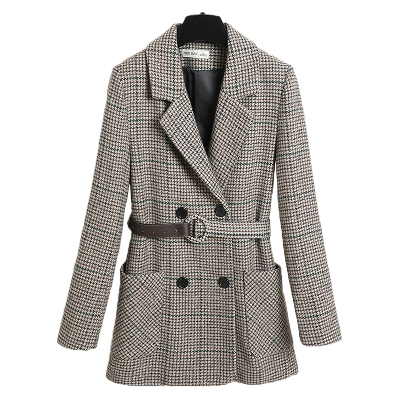 

Winter Women's Woolen Elegant Long Sleeve Ladies Jacket Small Suit New Loose Lattice Female Blazer High Quality Long Sleeve Top