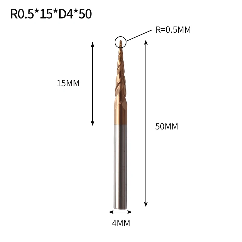 R0.5X15XD4X50L Augusttools Tapered cone Ball Nose End Mill HRC60 Cnc Taper Wood Metal Cutter Tungsten Solid Carbide Tapered Milling Cutter 4mm - Длина режущей кромки: R0.5X15XD4X50L