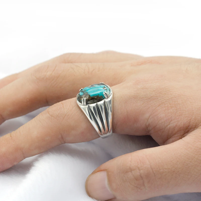 Винтажное 925 пробы Серебряное мужское кольцо с зазубриной, с синим натуральным камнем, тайское серебрянное кольцо, дизайн для мужчин и женщин, турецкое ювелирное изделие