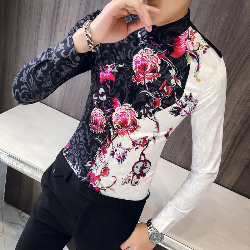 Осень 2018 г. Роза рубашка для мужчин рубашка с длинными рукавами Slim Fit фантазии повседневные мужские рубашки Camisa социальной Masculina