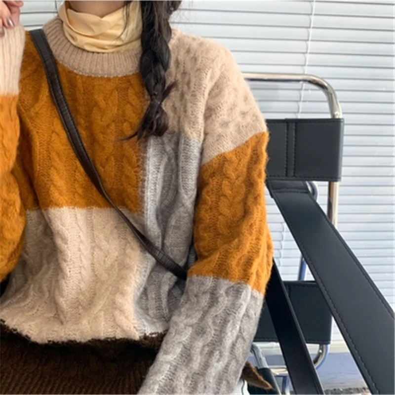 

Women Hit Color Knit Sweater Fall Winter Fashion Retro Loose O-neck Twist Warm Pullover Female Casual Colorful Oversize Jumpers
