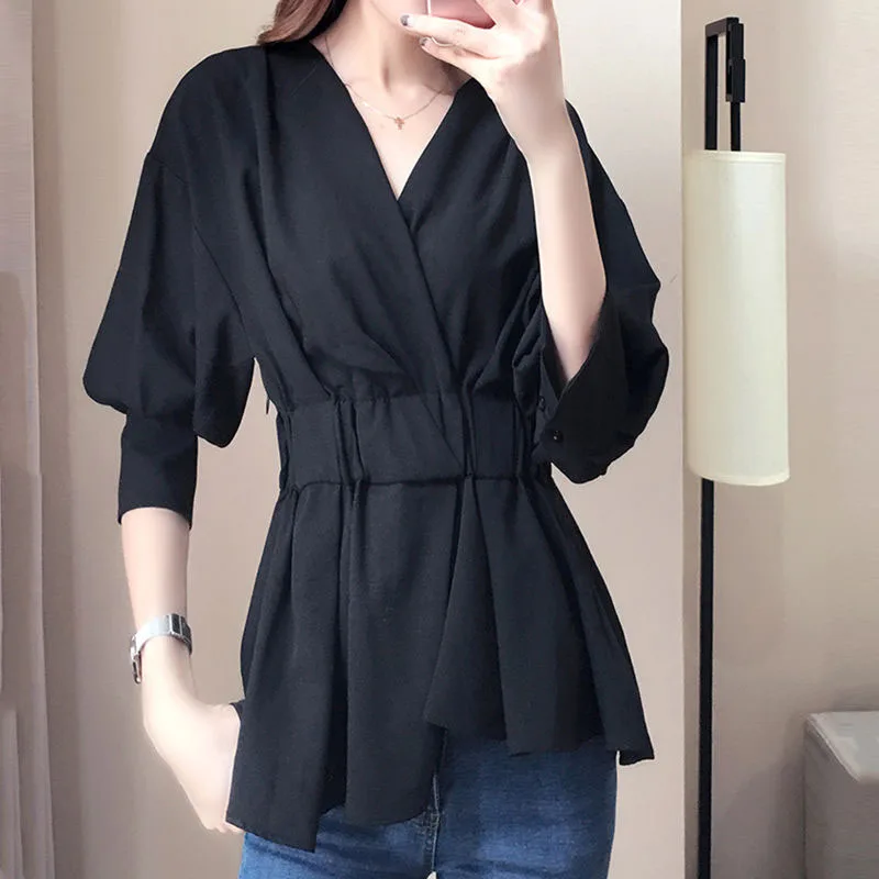 

Women Spring Summer Style Blouses Shirts Lady Casual Half Sleeve Solid Color V-Neck Wrap Blusas Tops RR0064