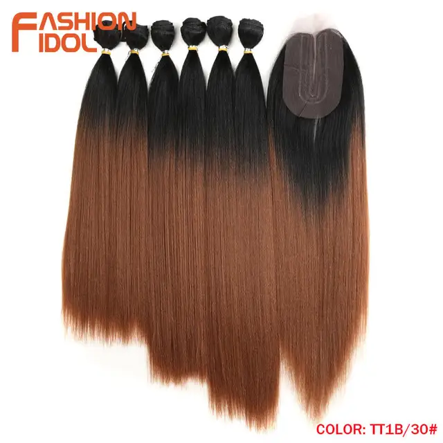 FASHION IDOL Yaki Straight Hair Bundles 7Pcs/Pack 16-20inch Ombre 613# Synthetic Hair Bundles With Closure Weave Hair Extension TT1B-30