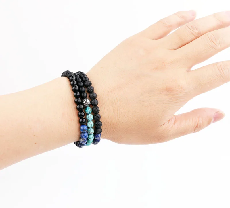 New Design Natural Stone Jewelry Male Bracelet Three Layers Beads Stainless Steel Ball Elastic Wrap Bracelet men