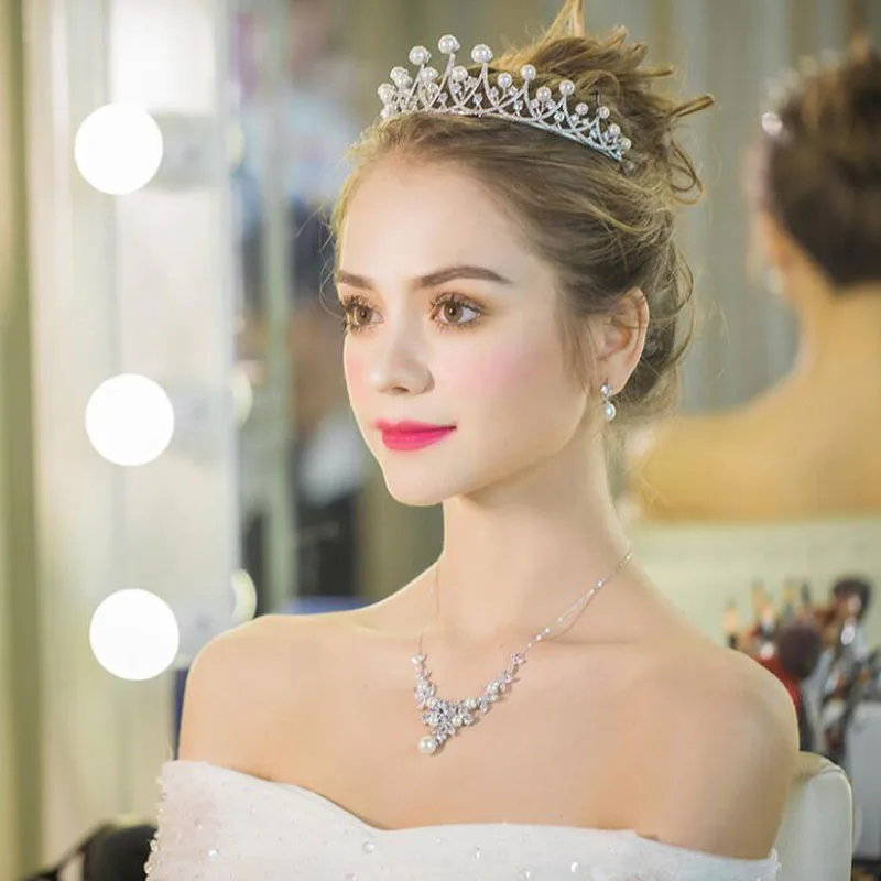 SLBRIDAL кристаллы, Стразы Жемчуг медь, кубический цирконий свадебный тиара CZ свадебный Королева Принцесса пышные вечерние Корона подружки невесты