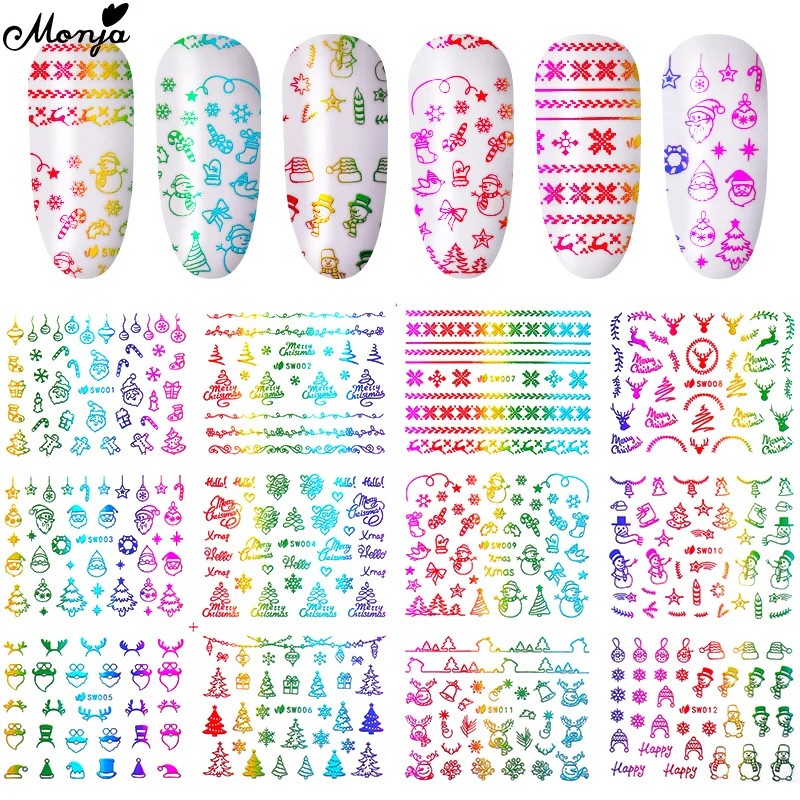Monja 12 стилей/лист дизайн ногтей, скос цвет Рождество серии самоклеющиеся наклейки Рождественский узор маникюр для ногтей декоры