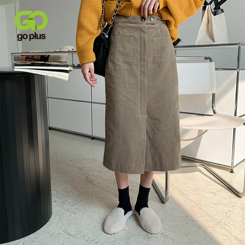 

GOPLUS Winter Woman's Skirts Korean Style Plus Size Corduroy Aline Mid-calf High-waisted Skirt Womans Faldas Mujer Moda 2020