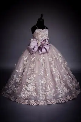 Luxury Pageant Kids Gowns Flower Girl Dress Lace Applique Pearls Birthday Party