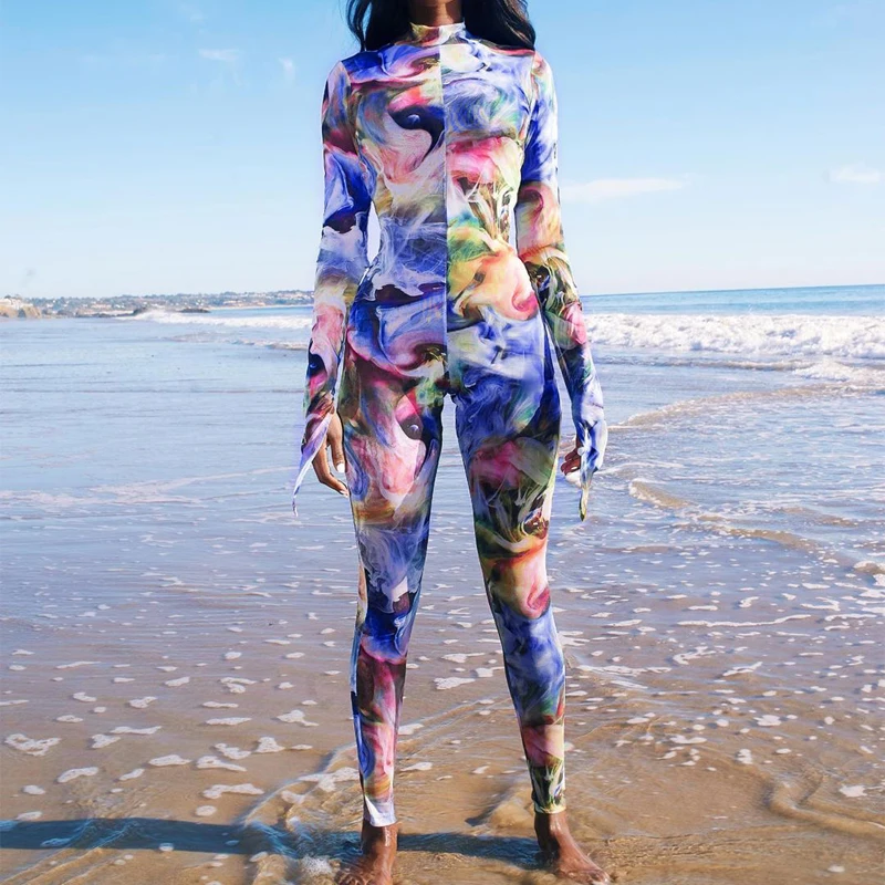 

2020 New long sleeve Tie Dye Print bodycon Jumpsuit Spring women streetwear casual outfits sporty body