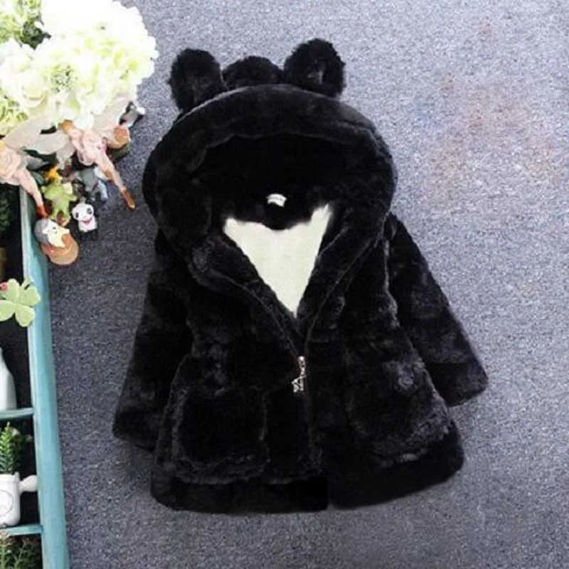 Rabbit's Plush Ears Sweater Autumn Winter Wear for Girls Plus Velvet Thicken Hooded Fur Coat Long Sleeve 2- 8T Years Old
