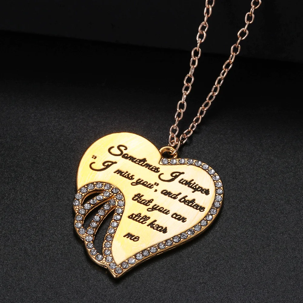 

New 1PC Angel Wing Heart Shape Pendant Necklace Letter A Piece of My Heart Has Wings Necklace Elegant Rhinestone Pendant Jewelry
