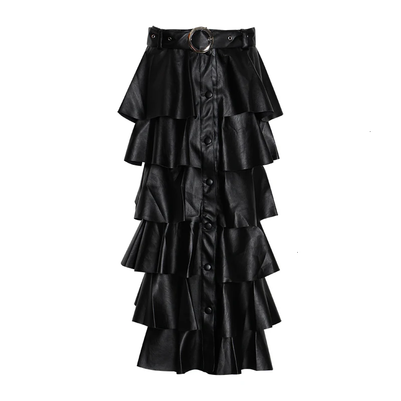 GALCAUR/черные женские юбки из искусственной кожи с оборками, высокая талия, пуговицы, уличная Женская юбка, осень, модная новая одежда - Цвет: Black