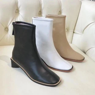 

Autumn Winter Martin Boot Girl Short Tube Elasticity Korean Square Head Thick Heel Boots Genuine Leather Zip Pure Shoes Woman