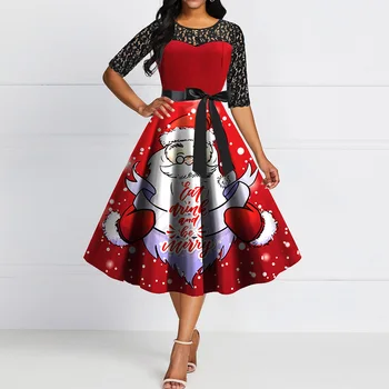 

New Year Girls Party Dresses A- Line Retro Santa Claus Printed Elegant Dresses Vintage High Waist Pullover Christmas Vestidos