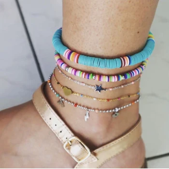 Bohemian Colorful Polymer Clay Discs Anklet for Women 2020 Handmade Elastic Summer Ocean Beach Ankle Bracelet Foot Leg Jewelry