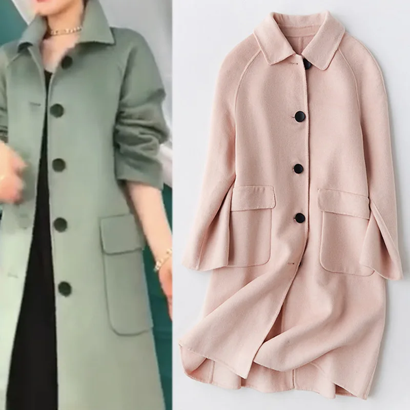 

2019 Autumn And Winter High-quality Double-sided Woolen Overcoat Drop-shoulder Loose Long Plus Size Pink Wool Coat Women Jacket