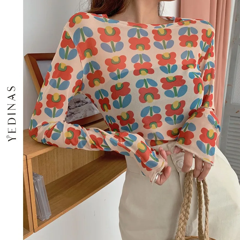 

Yedinas Flower Printed Mesh Tops Women Idyllic Style Long Sleeve T Shirt Slim Harajuku Spring T-shirts Korean Style Basic Tee