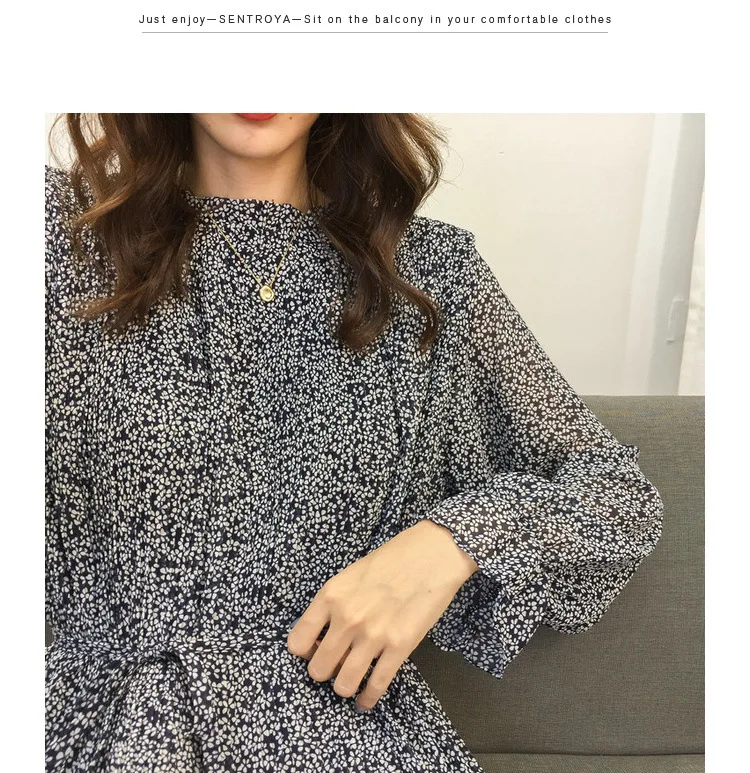 Loose-Fit Stand Collar Floral-Print Chiffon Long-sleeved Dress Autumn And Winter Women's Large Size Slimming Medium-length A- li