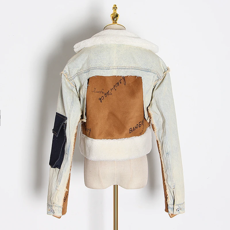 主 (3).JPG TWOTWINSTYLE Patchwork Hit Color Denim Jacket Women Lapel Collar Long Sleeve Pocket Irregular Coats Female Fashion 2020 Clothing