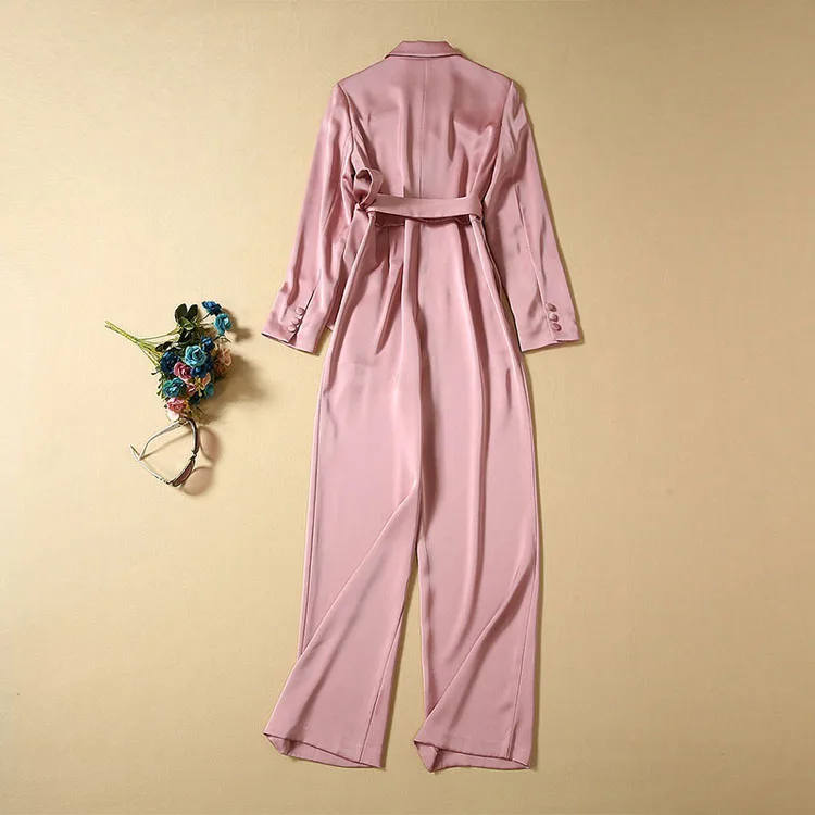 XF Модный повседневный розовый/Абрикосовый комбинезон 2019 осенний Новый костюм воротник тонкий вниз прямые брюки для поездок женщин