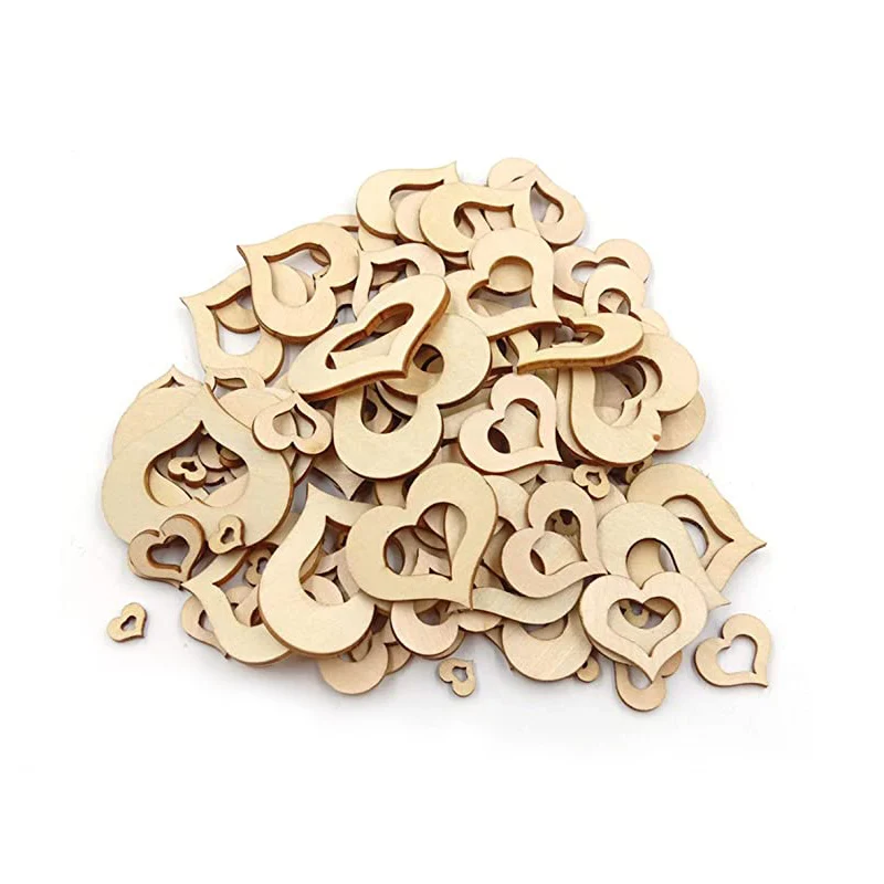 50Pcs Blank Hollow Wooden Heart Embellishments DIY Crafts Wedding Arts