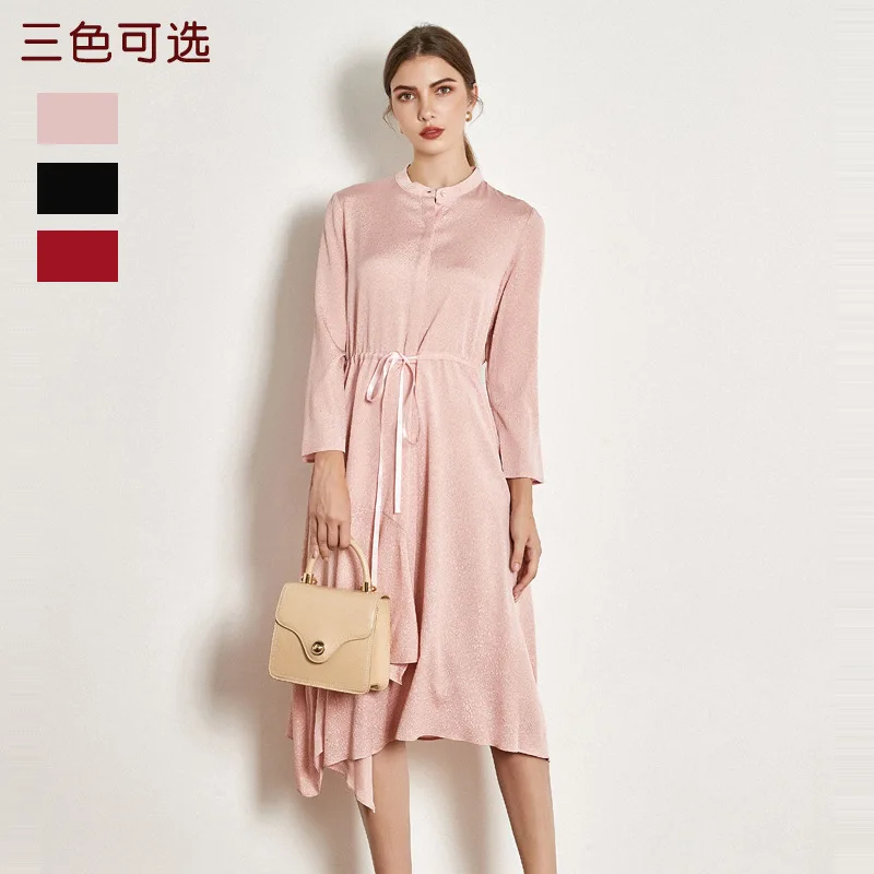 Roze echte zijde jurken vrouwen natuurlijke zijde 2019 hoge kwaliteit meisjes werk boho shirt jurk riem taille elegante plus size lange mouw Roze echte zijde jurken vrouwen natuurlijke zijde 2019 hoge kwaliteit meisjes werk boho shirt jurk riem taille elegante plus size lange mouw