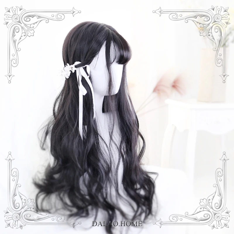 

High Quality Harajuku Soft Sister Lolita 65CM+ Black And Brown Air Bangs Long Curly Wig Cosplay Costume Party