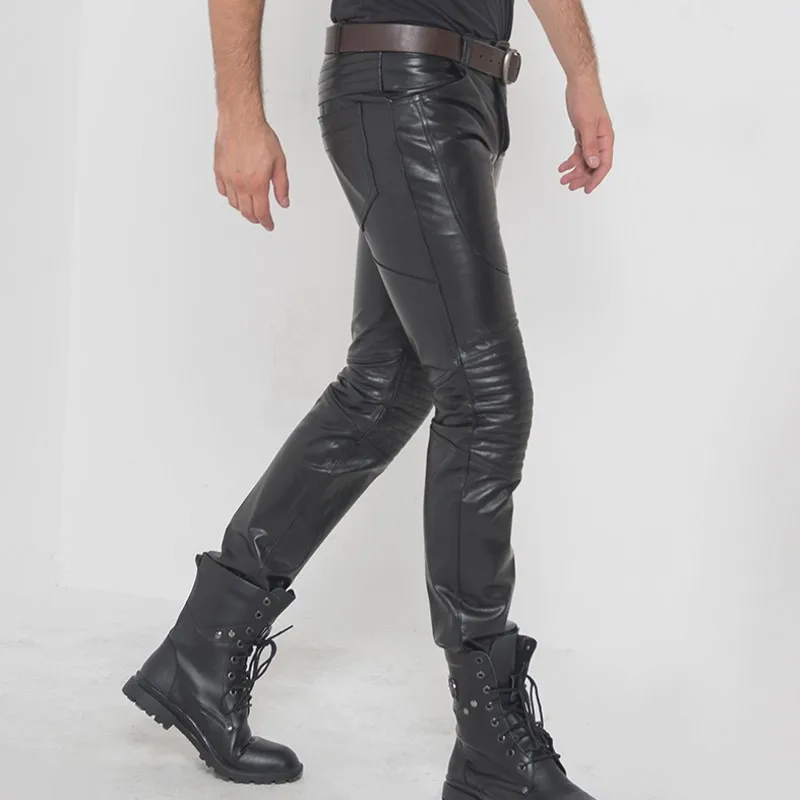 Winter Mens Windproof Motorcycle Genuine Leather Pants Casual Biker Trousers Long Slim Fit Bootcut Natural Cowhide Pencil Pants