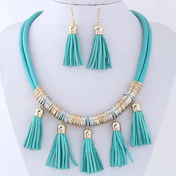 

African Jewelry Set New Leather Multilayer Short Necklace Overlapping Tassel Pendant Earrings Nigeria Jewelry for Women