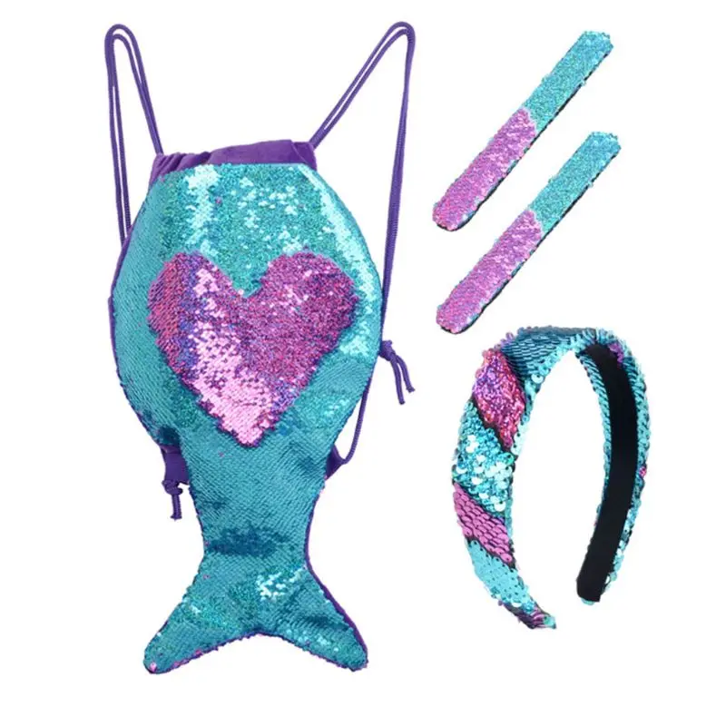 

2020 Fashion Sequin Backpack Glitter Drawstring Bag with Slap Bracelet Headband Set Drawstring Bags