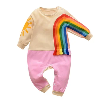 

Autumn Baby Rompers Boy Girl Long Sleeve Rainbow Stripe Print Patchwork Design Kids Casual Jumpsuit 0-18M