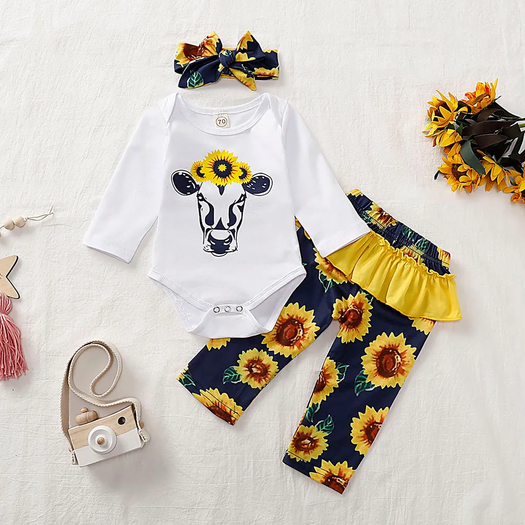 

Newborn Baby Girl Clothes 2019 Autumn Cartoon Sunflower Cow Romper Sunflower Ruffles Pants Outfits Set Infant Clothing Set