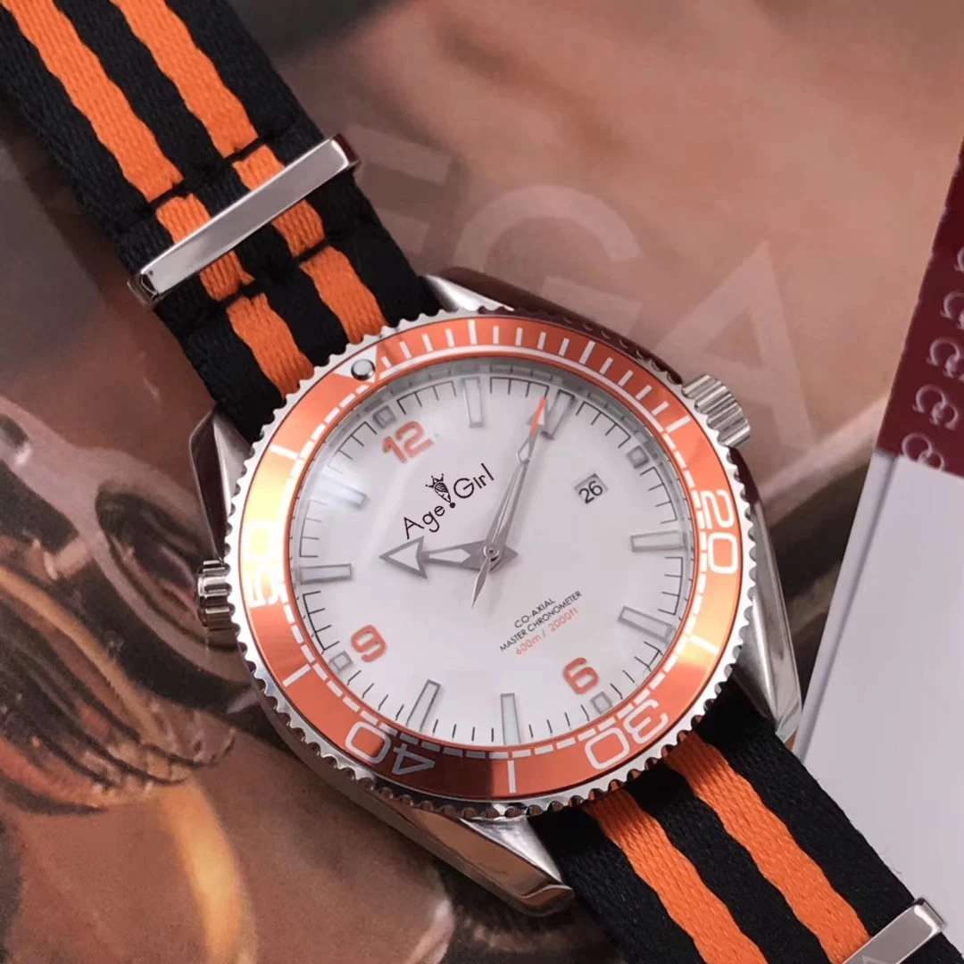 

2019 Luxury Brand New Men Automatic Mechanical Watch Black Orange Canvas Ceramic Bezel Stainless Steel James Bond 007 Sapphire