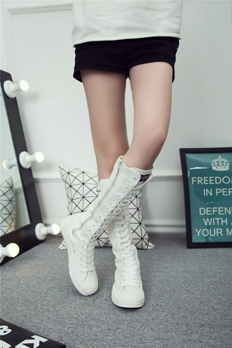 New Spring Autumn Women Shoes Canvas Punk Casual High Top Shoes Long Boots Lace-Up Zipper Comfortable Flat Boots Sneakers